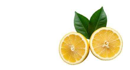 Two bright yellow lemons cut in half, showcasing succulent pulp and glistening juice, vibrant green leaves on pristine matte white background, soft lighting. Concept of natural freshness and vitality