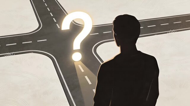 Mans Silhouette at Crossroads with Glowing Question Mark, Symbolizing Lifes Uncertain Choices and Future Decisions.