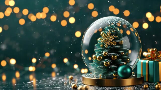 A festive Christmas scene with a snowglobe in the center, adorned with a small tree decorated with gold ornaments and a red ribbon. Surrounded by gold glitter and falling star confetti