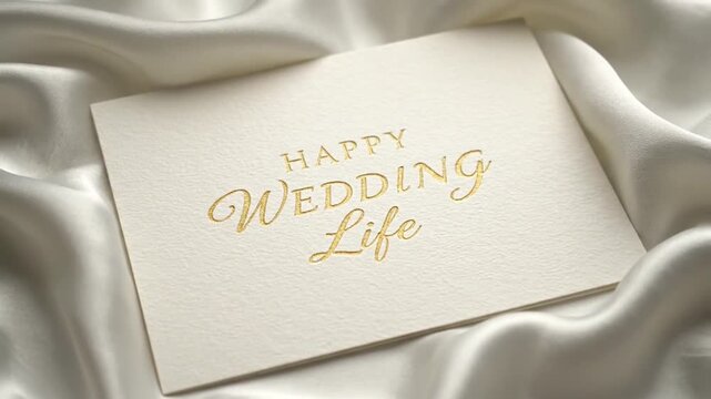 A beautiful wedding card with gold lettering on a satin background video