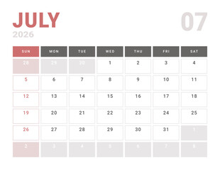 Monthly page Calendar Planner Template design of July 2026. Vector layout of calendar with week start Sunday for Scheduling. Page for size A4 or 21x29.7 cm