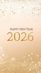 Happy New Year 2026 in elegant gold embossed lettering, warm champagne background, soft glitter particles, luxury minimal design, vertical phone wallpaper, premium look