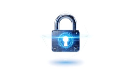 A digital padlock with a glowing blue keyhole on a white background