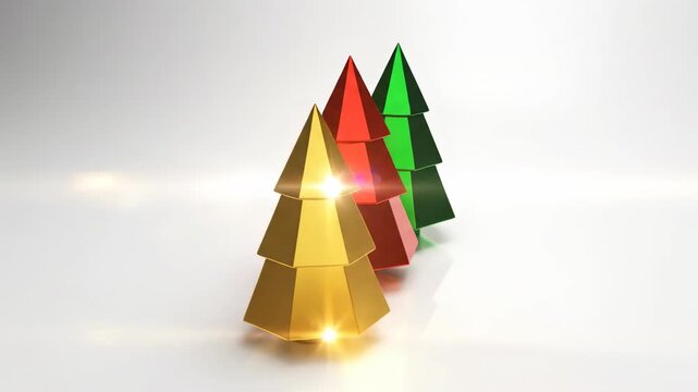 Seamlessly looping abstract motion graphic featuring three stylized geometric Christmas tree forms rotating slowly on a pure white gradient surface presentation, pure white gradient surface, clean