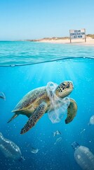Obraz premium Sea turtle swimming with plastic bag and bottle underwater ocean pollution 