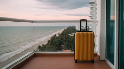 A bright yellow suitcase sits on a balcony overlooking a serene beach, with palm trees and ocean waves in the background, suggesting a relaxing travel destination.