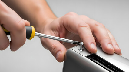 A person's hands skillfully use a yellow-handled screwdriver to fasten a small silver screw into a piece of electronic equipment.