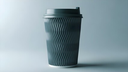 Sleek dark gray corrugated disposable coffee cup with a secure travel lid stands isolated against a soft blue background emphasizing texture and form
