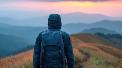 A hiker in a blue jacket stands on a hillside, overlooking distant mountains during a colorful sunset.
