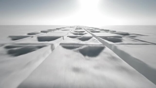 Geometric Ice Formation: An abstract perspective of an icy expanse reveals a grid-like pattern of ice blocks, illuminated by a stark, atmospheric light.