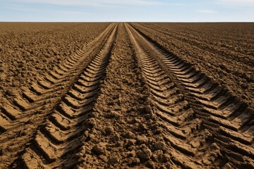 Deep tractor tire tracks in plowed field