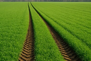 Tractor tire tracks through green agricultural field