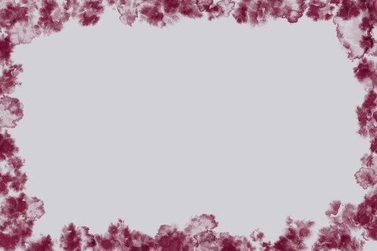 Abstract burgundy watercolor frame with paint splatter border on gray background