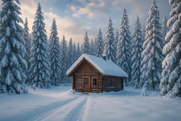 Cozy log cabin in snowy forest at winter sunrise