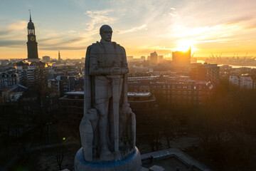 Aerial photo of the famous Bismarck Memorial at sunrise in Hamburg