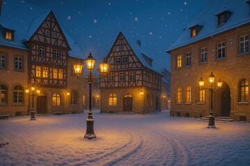 Snowy town square at night with glowing street lamps