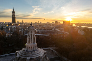 Aerial shot of the famous Bismarck Memorial at sunrise in Hamburg