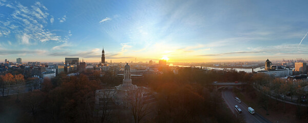 Widescreen aerial shot of the famous Bismarck Memorial at sunrise in Hamburg