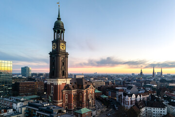 Aerial photo of the famous St. Michaelis Chruch at sunrise in Hamburg