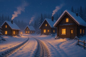 Snowy village with log cabins glowing at night