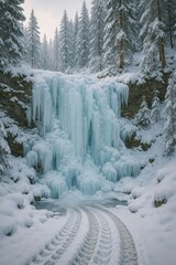 Frozen waterfall in a snowy pine forest