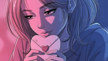 A portrait of a pensive woman holding a heart-shaped letter, bathed in soft lighting