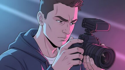 Intense photographer absorbed in his work, holding his camera