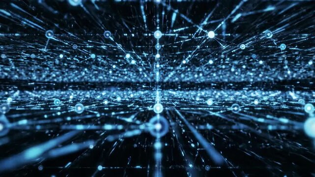 Seamlessly looping abstract motion graphic of blue interconnected lines and nodes forming a complex data network visualization security, systems, technology