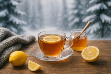 Hot lemon tea with honey on a winter day