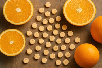 Vitamin C tablets and fresh oranges on a brown surface