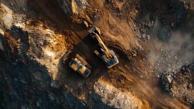 Construction vehicles work on a gravel site during daylight to reshape the land for future development and clear materials from the area