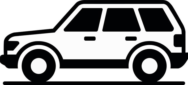 Simple black and white silhouette of a suv vehicle on a flat surface