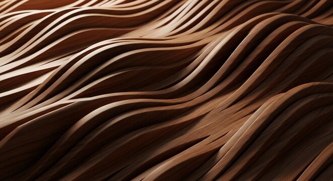 Closeup of a seamless undulating abstract pattern of parallel wooden slats with visible grain and natural lighting