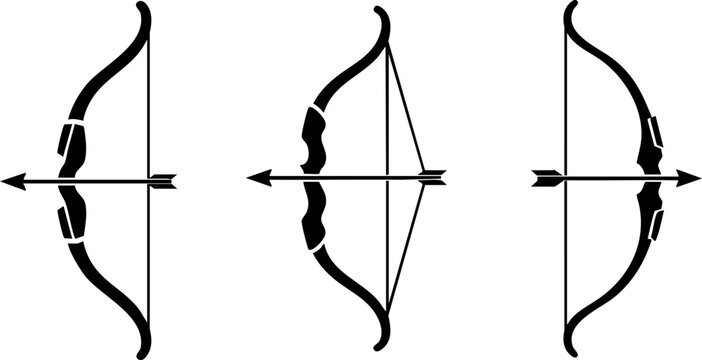 Set of three archery bow and arrow vector icons in different positions for sports and hunting design