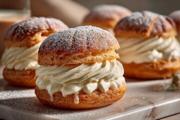 French cream-filled choux pastries on a marble counter, golden crisp shell, vanilla cream