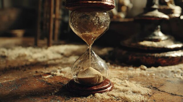 Old hourglass sits on a wooden table surrounded by sand in a dimly lit room with objects in the background creating a historical feel