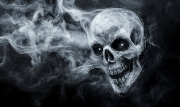 Spooky skull formed from wispy white smoke against a black background