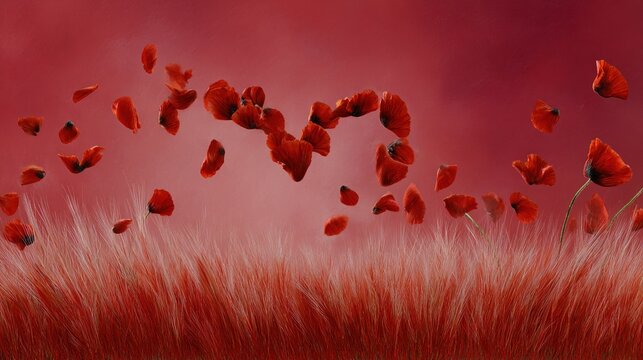   A field of red poppies with a red sky in the background and red grass in the foreground is painted