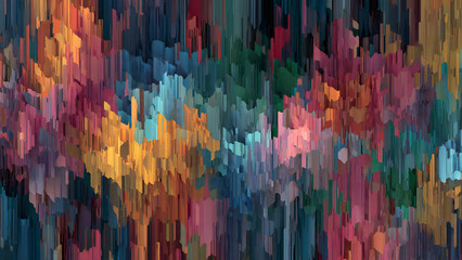 A vibrant abstract composition features numerous vertical, pixelated columns of varying heights and colors, creating a unique textured pattern reminiscent of a digital forest or urban landscape.
