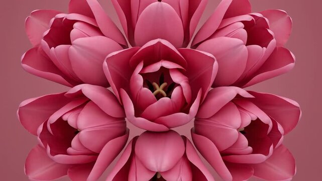 Seamlessly looping abstract motion graphic of symmetrical pink tulip blossoms gently opening and closing against a monotone matte rose background hypnotic, Seamlessly looping, rose