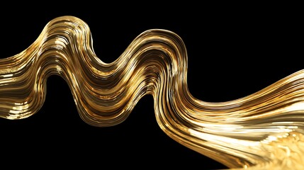 Golden abstract waves forming a smooth, flowing, metallic, shiny, liquid like pattern on a black background with warm lighting
