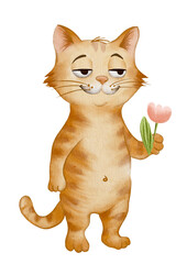 Obraz premium Cute orange cat holding a flower design for wrapping paper and fabric in simple style