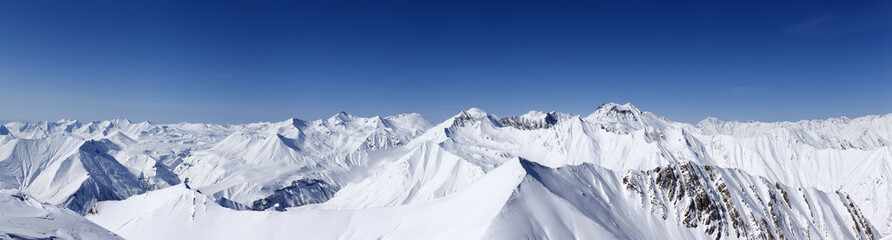 Panorama of winter mountains. Caucasus Mountains, Georgia, region Gudauri.