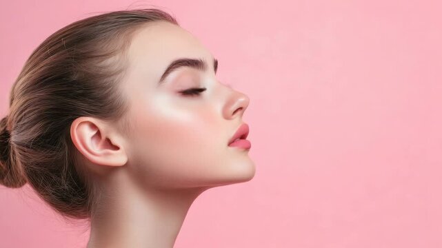 A young woman with a soft facial expression is captured in detail. Her makeup and hairstyle are impeccably done.