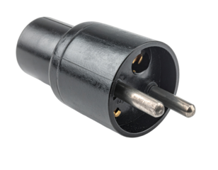 A black, electrical adapter with two prongs and a rounded end for plugging into a socket