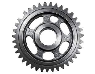 A close-up shot of a metallic, circular gear with teeth, holes, and a central opening