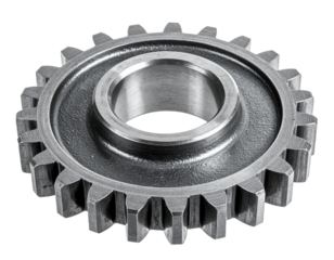 A close-up of a machine gear, showcasing its teeth, cylindrical bore, and metallic texture