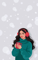 Cozy winter fashion woman with earmuffs holding a hot cocoa mug on snowy bokeh background, vertical modern vector with copy space&mdash;ideal for social media stories, posters, greetings, seasonal ads.