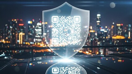 Progressive display of digital shield with QR code over city skyline at night - Powered by Adobe