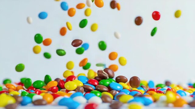 Colorful candies flying through the air with a blurred background indicating movement and excitement.
